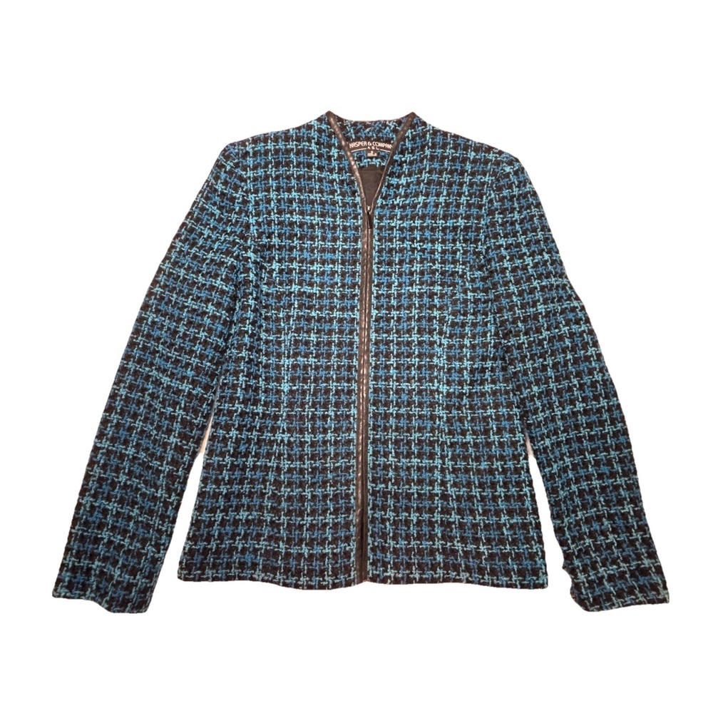 Kasper & Company ASL Blue Textured Wool Zip Front Jacket Women's 6 Tweed Knit